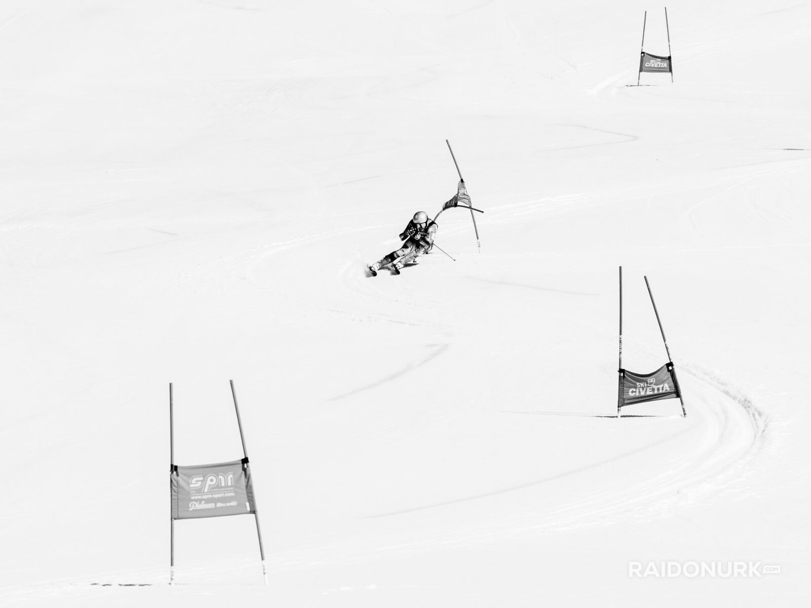 ski racing photography, Dolomites winter, alpine skiing art, black and white snow photography, Raido Nurk, ski gates photo series, winter minimalism, fine art ski photo, shadow play in snow